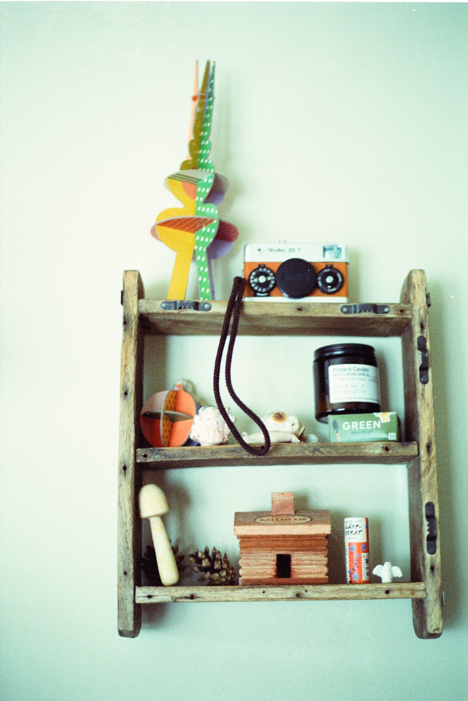 Wooden shelf unit with decorative objects and natural items.